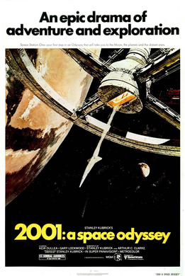 2001: A Space Odyssey is a 1968 epic dram of adventure and exporation produced and directed by Stanley Kubrick. (Kubrick 1965) The film follows astronauts, scientists and a sentient supercomputer called HAL 9000 on their voyage to Jupiter to investigate an alien monolith. Fair use image from Wikimedia Commons.