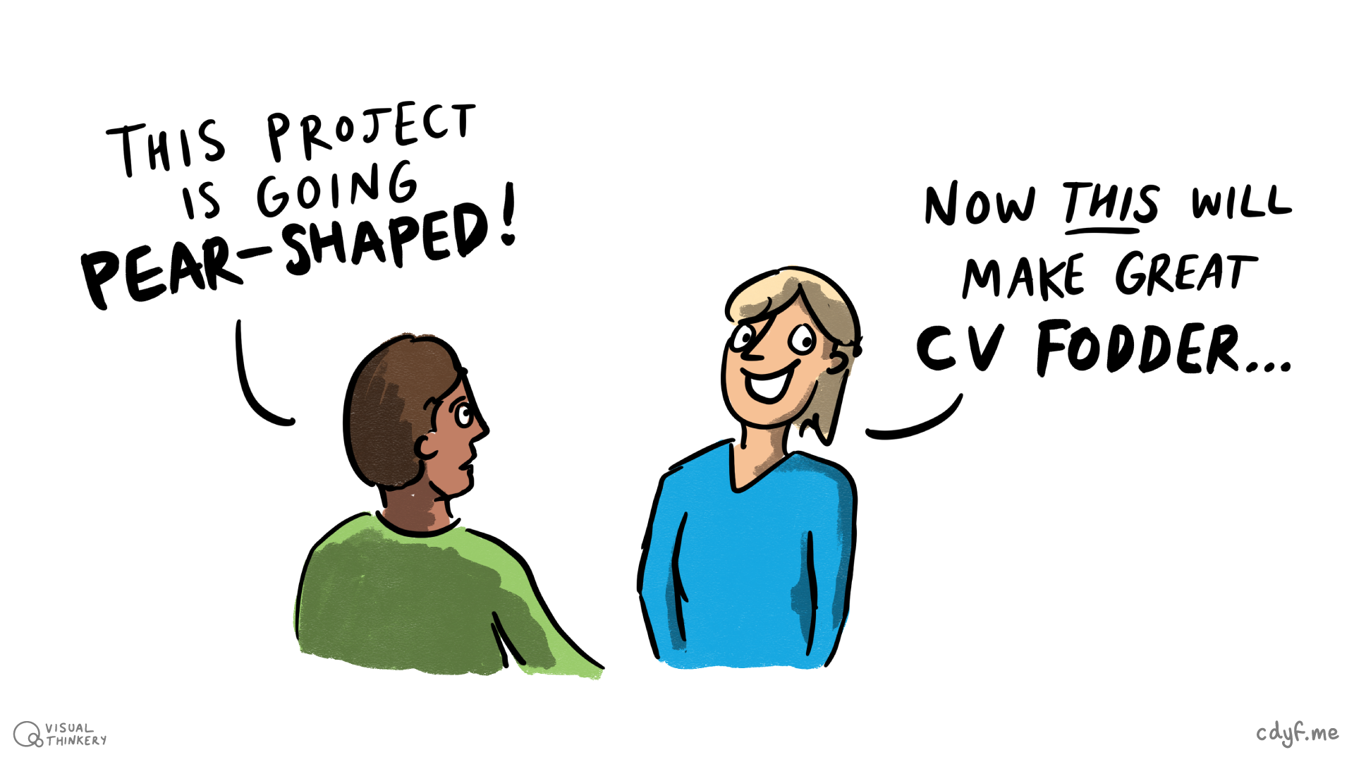 Have you ever had a project that didn’t go very well? Did it all go pear-shaped? (Shaped 2023) Perhaps you managed to turn the project around? Maybe you learned some lessons from those painful mistakes you won’t be repeating? Difficult projects can make great stories (aka CV fodder) because mistakes can be good, see section 20.5, as long as you don’t repeat them. CV fodder sketch by Visual Thinkery is licensed under CC-BY-ND 🍐