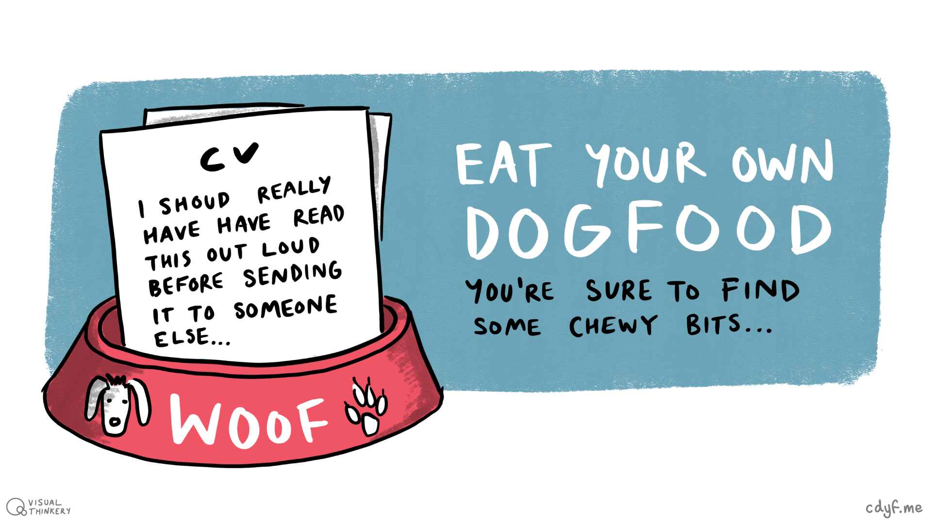 Reading your own writing (aloud) is like eating your own dog food. It’s a simple and proven technique for improving your written communication in job applications such as covering letters, CVs, personal statements and the like. Dogfooding by Visual Thinkery is licensed under CC-BY-ND)