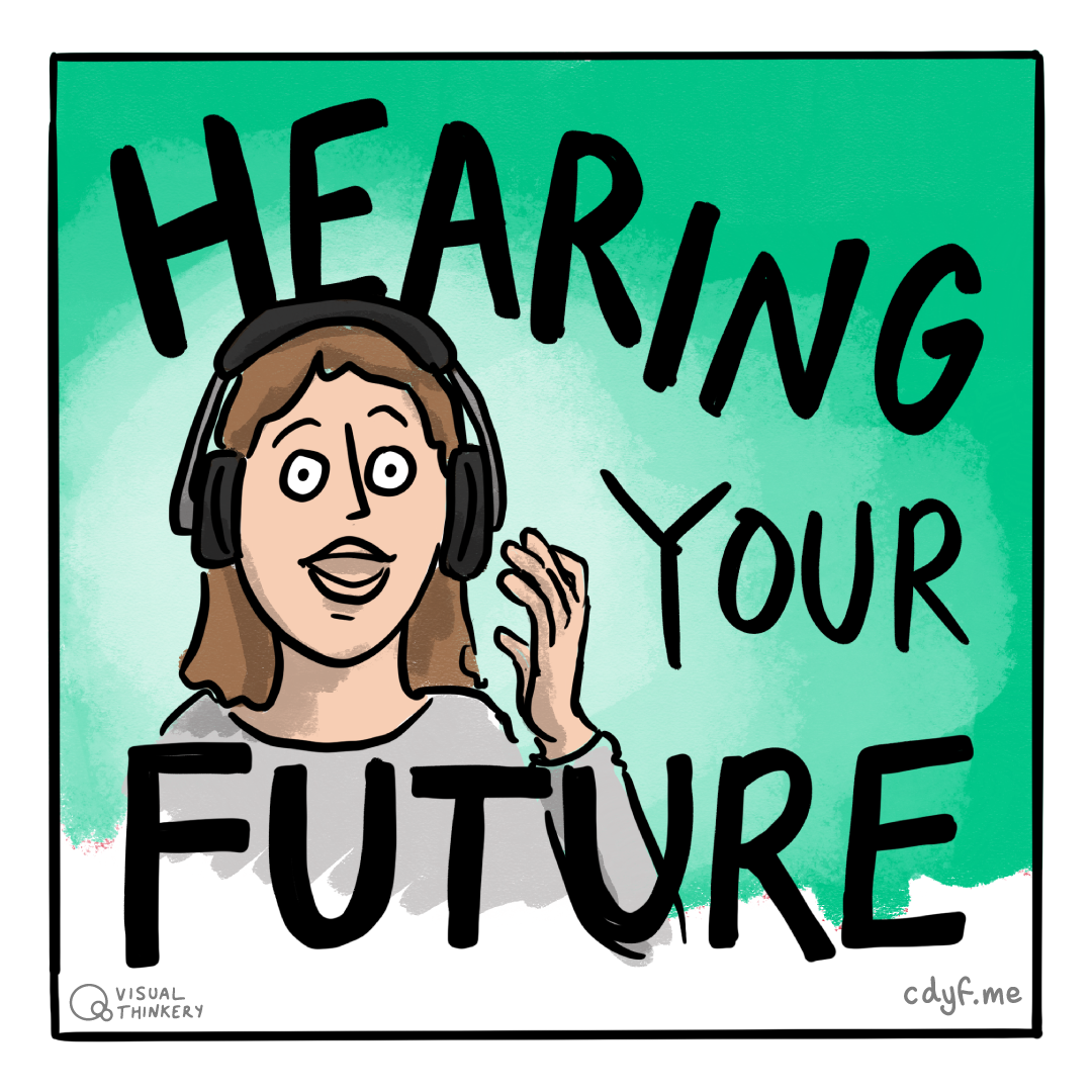 Hearing your future is the Coding your Future podcast. Subscribe and listen wherever you get your podcasts, see section 25.2. Hearing sketch by Visual Thinkery is licensed under CC-BY-ND