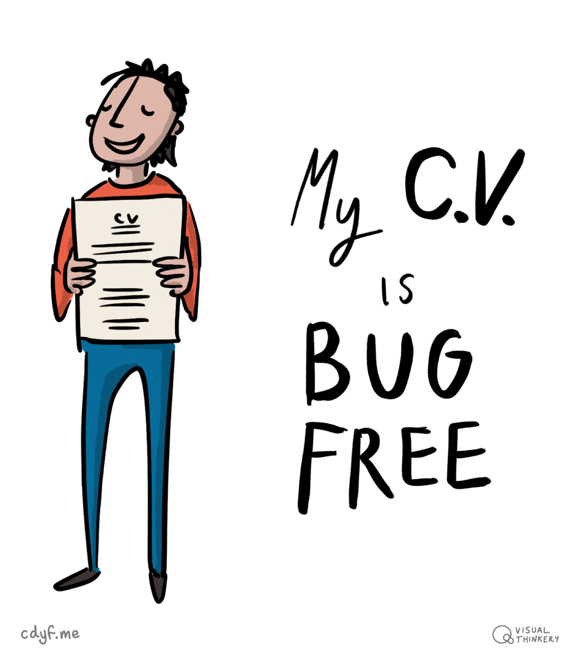 If you have got an interview, then you have proved that your CV is bug free. That doesn’t mean your CV is perfect, it just means that it is good enough to get you an interview with that particular employer. Congratulations! What comes next? Bug free sketch by Visual Thinkery is licensed under CC-BY-ND