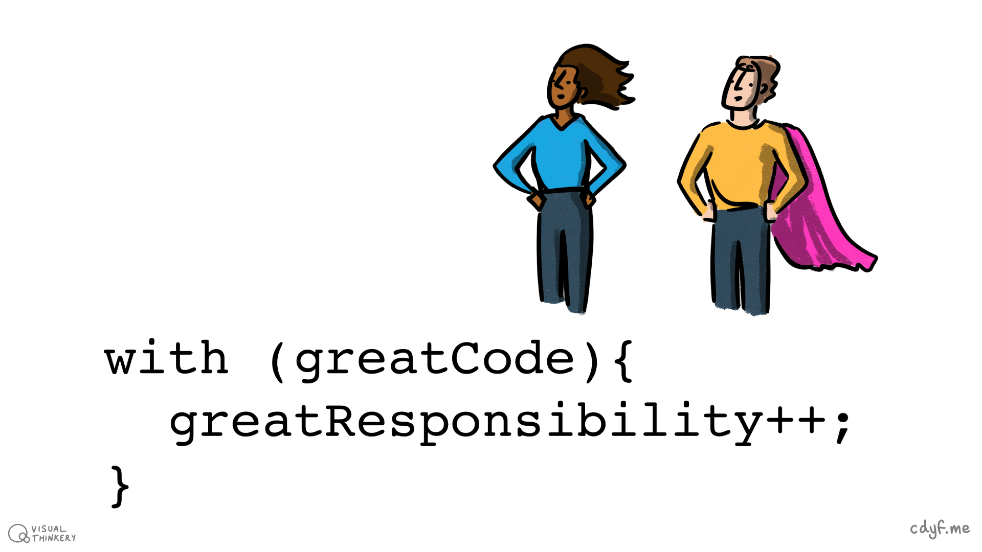 The greater your code, the greater your superpower. The greater your superpower, the greater your responsibility. What powers does computing give you and how can you use that power responsibly? (Shapiro et al. 2021) With great code sketch by Visual Thinkery is licensed under CC-BY-ND