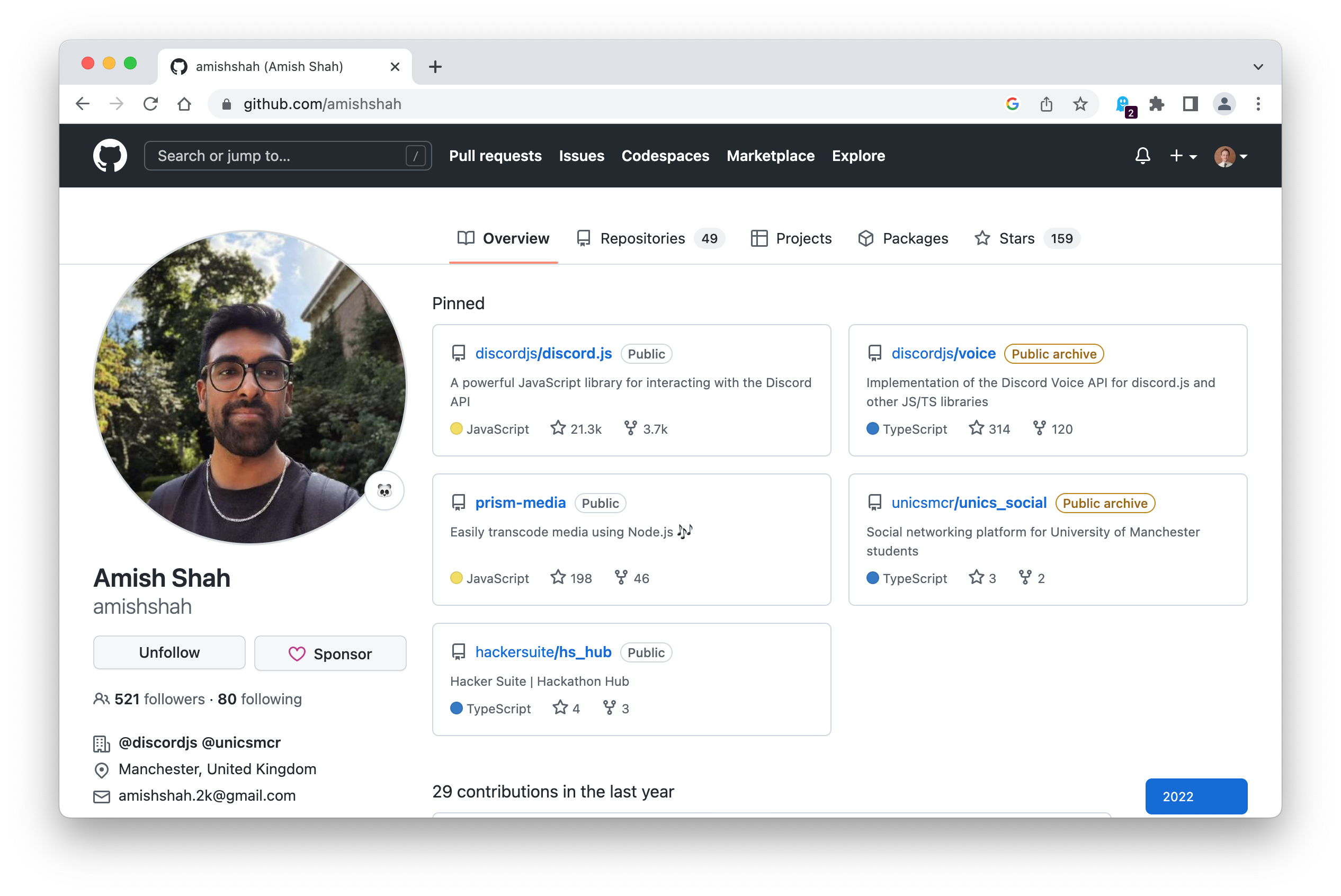 Github is commonly used to host open source software development projects. As of June 2022, GitHub reported having over 83 million developers and more than 200 million repositories, including at least 28 million public repositories. The screenshot shows a profile of Computer Science student Amish Shah: github.com/amishshah