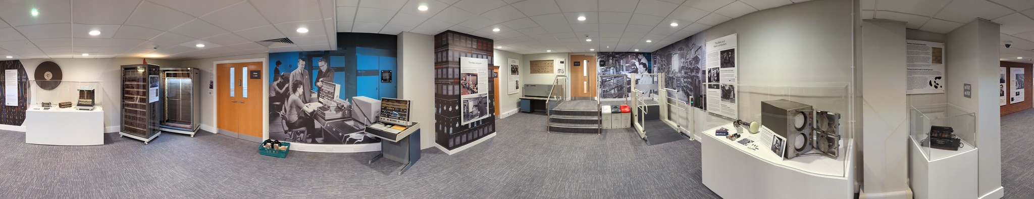 Panorama of the Atlas suite in the Kilburn building, Manchester which exhibits hardware from several Manchester computers such as the Atlas computer. Picture by Yours Truly.