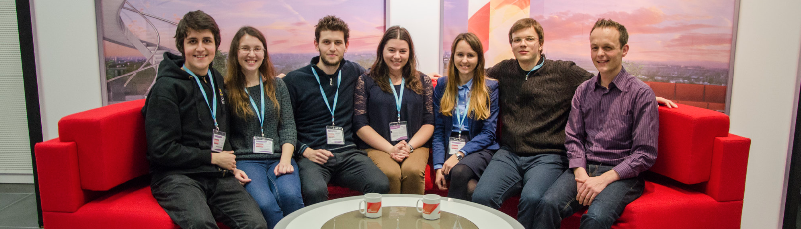 Posing on the BBC Breakfast red sofa with the winning student team at the BBC / Barclays University Technology Challenge (UTC) in MediaCityUK, Salford, Greater Manchester