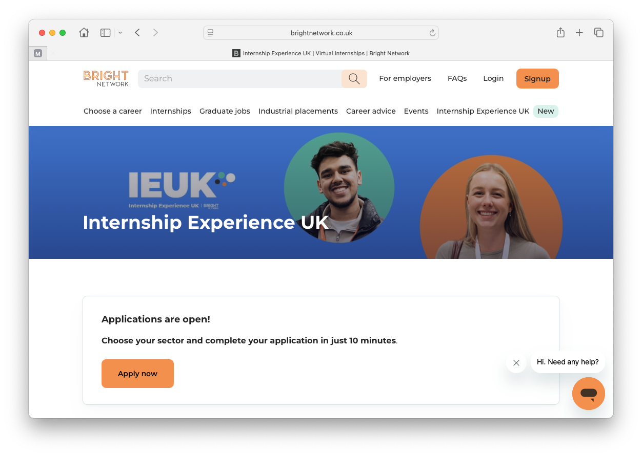 IEUK is the Bright Network’s 4-day virtual internship programme taking place on the 14th-17th July 2025, apply by 8th of July for opportunities in (1) Technology & Engienering (2) Finance, Professional Services & Consulting (3) Business, Operatings & Marketing or (4) Commercial law. Screenshot from brightnetwork.co.uk/ieuk