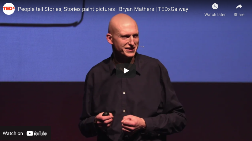 People tell stories and stories paint pictures. Bryan Mathers, who has illustrated much of this guidebook, telling stories at TEDxGalway in 2021. The image above is a screenshot, you can watch the full 15 minute talk at youtu.be/IapGM5ZYBEw