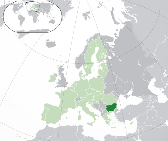 Bulgaria, shown in dark green here, is bordered by Romania to the north, Serbia and North Macedonia to the west, Greece and Turkey to the south, and the Black Sea to the east. Creative Commons BY-SA map of Romania by NuclearVacuum via Wikimedia Commons w.wiki/792q adapted using the Wikipedia App 🇧🇬