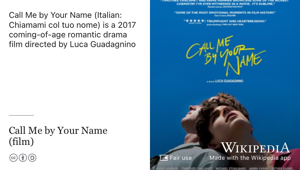 A coming-of-age romantic drama, Call Me by Your Name was directed by Luca Guadagnino and first released in 2017. (Guadagnino 2017) Fair use image from Wikimedia Commons. 🇮🇹