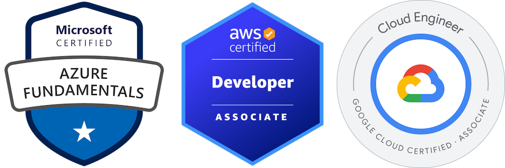 Three examples of commercial digital badges from providers of cloud services from left to right: (1) Microsoft fundmentals see section 19.4.1 (Nadella 2024) (2) Amazon Web Services badge awarded by credly.com for an AWS certified developer (Bezos 2024) and (3) Google Cloud Platform (GCP) (Soss and Vergadia 2022) Each provider offers accreditation for pre-professionals tailored towards technical students. For Microsoft, they are called fundamentals, (Nadella 2024) for Amazon they are typically called foundational or associate qualifications and for Google they are usually called associate qualifications. (Pichai 2024) Your University28 and/or employer may provide support for you to achieve these certifications during your academic study, internship, placement or as a recent graduate. The exams typically cost around $100 each to take and around 20 hours of online study time.