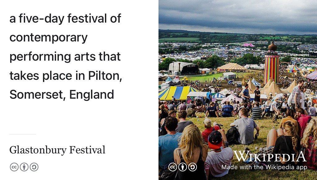 “Why does it always rain on me? Is it because I lied when I was seventeen I went to Glastonbury festival?” (Healy 1999) If you’re only happy when it rains, if you’re only happy when it’s complicated, then the indie rock playlist is for you. (Manson et al. 1995) All art is born of suffering and this playlist helps you wallow in it. Pour your misery down on me! Picture taken from the highest point at Glastonbury festival in 2016 by Czampal on Wikimedia Commons w.wiki/5WKn adapted using the Wikipedia App