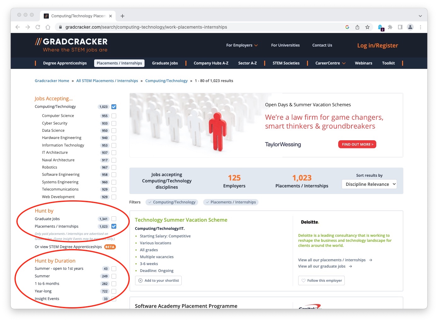 Gradcracker.com allows you to search for opportunities in Computing at gradcracker.com/search/computing-technology/jobs shown here. You can refine your search for internships, placements and graduate jobs (circled in red) by their duration: Summer (including those open to first year students), 1 to 6 months, Year-long and Insight Events described in section 5.3. You may need to zoom in to see the detail in this figure.