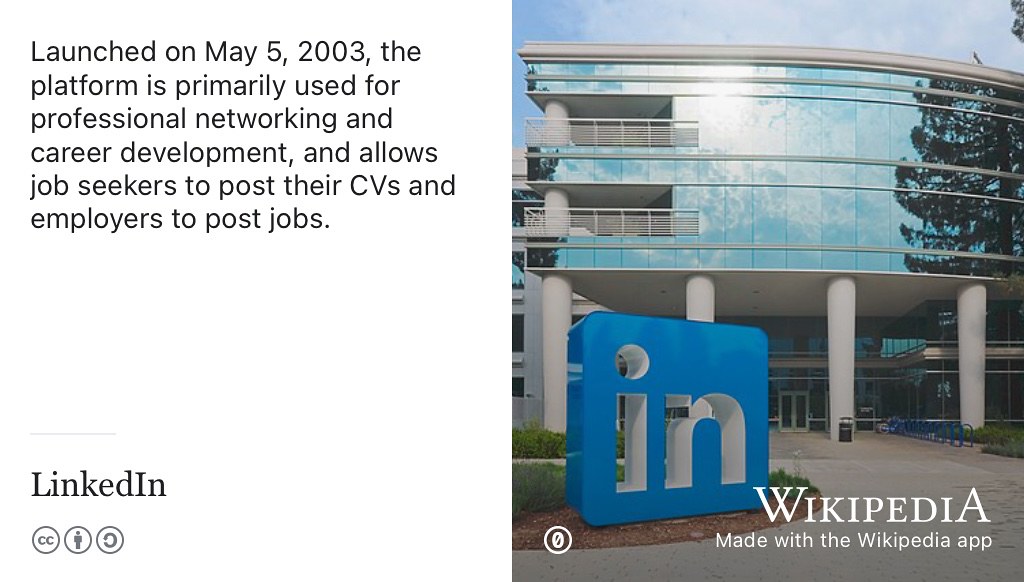 Linkedin is a social media service which allows employers to advertise job vacancies online and candidates like you to apply for them. Social media caveats aside (see section 3.8), LinkedIn can be useful tool for networking with other professionals and finding a job, see table 7.1. Image via Wikimedia Commons adapted using the Wikipedia app