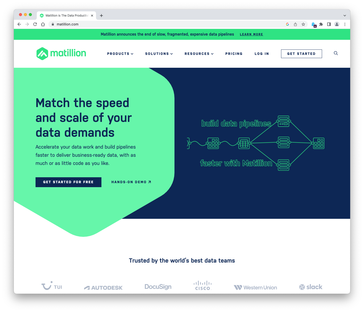 Matillion is a platform that makes data more productive by empowering coders and non-coders alike to move, transform, and orchestrate data pipelines, faster. Screenshot of the matillion website in 2023 from matillion.com