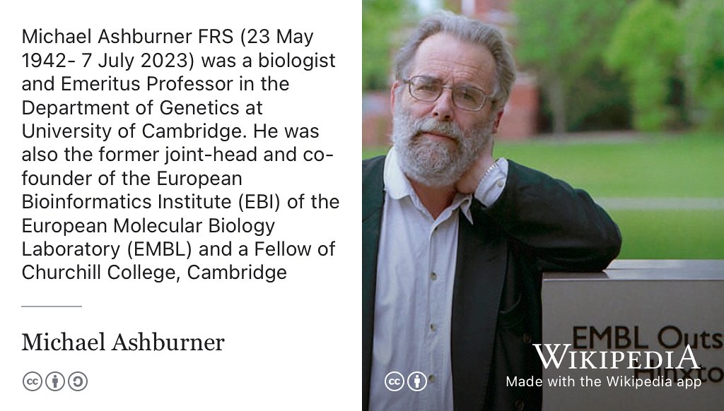 The European Bioinformatics Institute (EBI) is an outstation of the European Molecular Biology Laboratory (EMBL) which carries out research and provides services in bioinformatics from Hinxton, just outside Cambridge, UK. The EBI was co-founded by Michael Ashburner (1942–2023, pictured) and Graham Cameron. (Birney and Apweiler 2023; Stroe 2019) Portrait of Michael Ashburner by the Public Library of Science (PLOS) on Wikimedia Commons w.wiki/_vzkp using the Wikipedia app