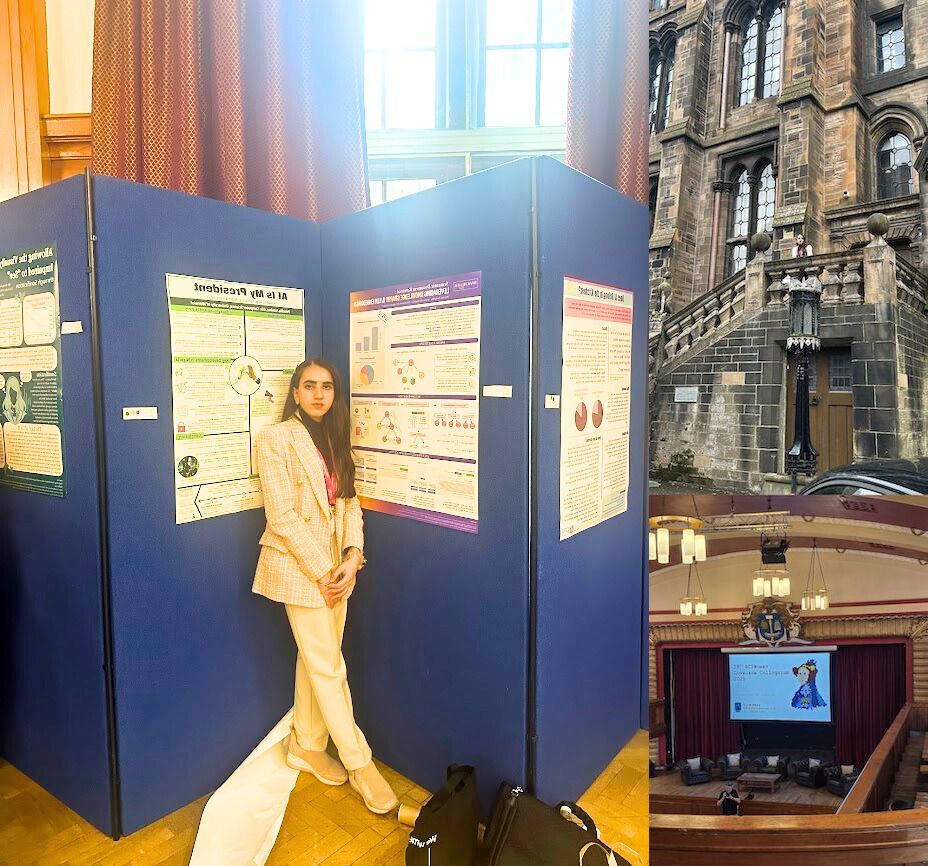Minahil presenting her undergraduate thesis (Tariq 2025a) at the BCS Women Lovelace Colloqium bcswomenlovelace.bcs.org. (Tariq 2025b). Pictures re-used from LinkedIn with permission, thanks Minahil.