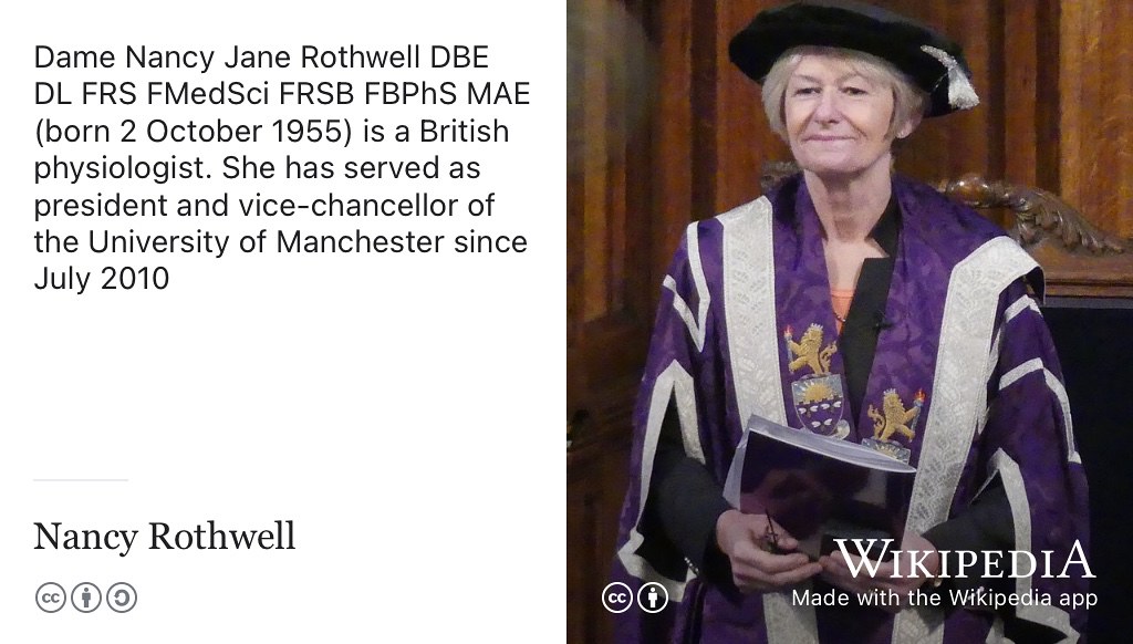 Professor Nancy Rothwell is Vice Chancellor (VC) of the University of Manchester. If you were VC, what would you change about how the University is run? CC BY portrait of Nancy Rothwell by Manchester University Maths on Wikimedia Commons w.wiki/6WjS adapted using the Wikipedia app