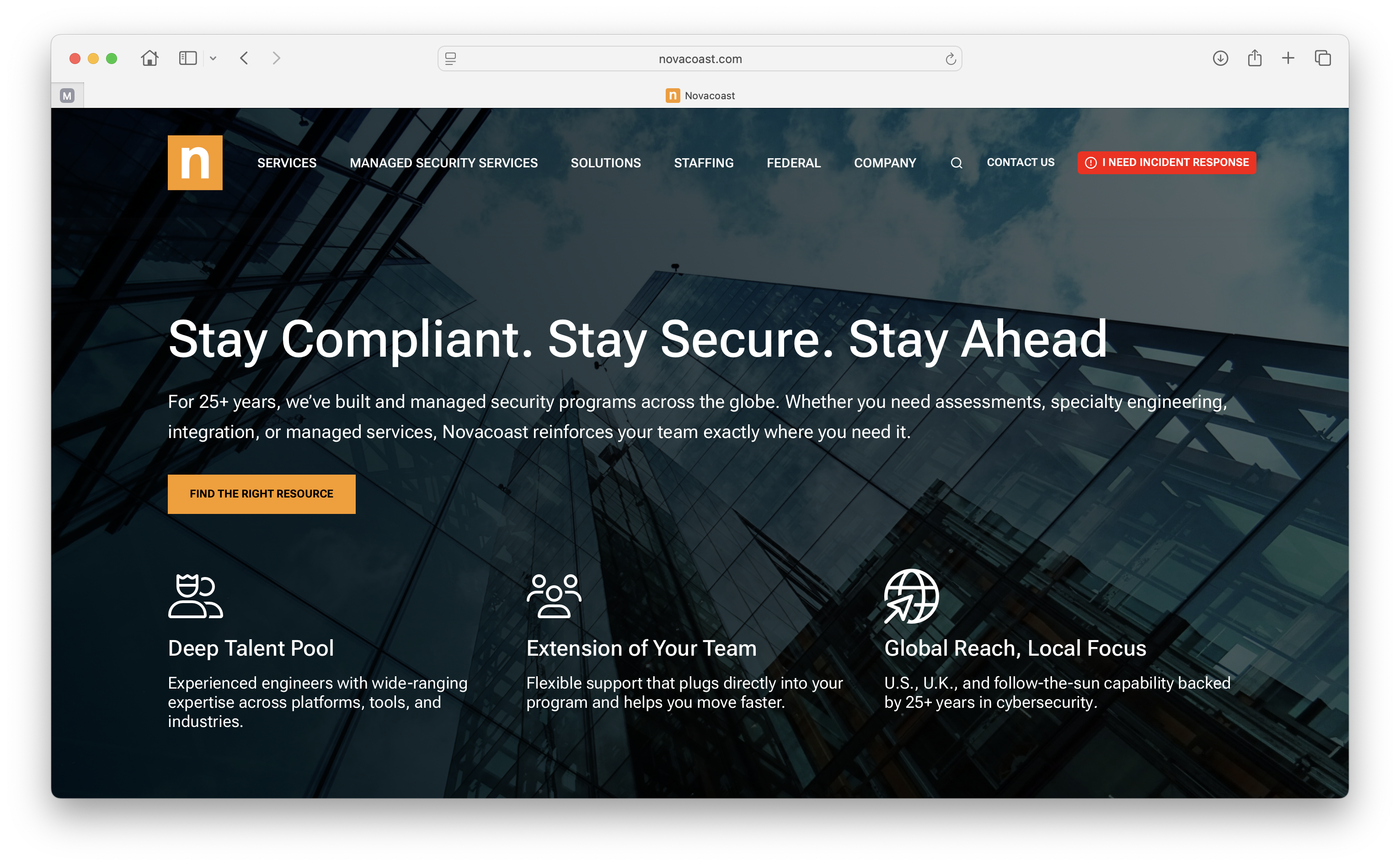 Novacoast is an international cybersecurity company specializing in IT services and software development. Screenshot of Novacoast.com