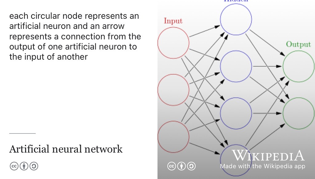 An Artificial Neural Network is a model used in machine learning based on biological neural networks. Each circular node shown here represents an artificial neuron and an arrow represents a connection from the output of one artificial neuron to the input of another. CC BY image by Glosser.ca on Wikimedia Commons w.wiki/8ZeS adapted using the Wikipedia app 🧠