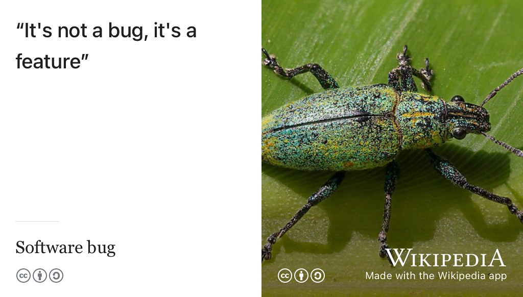 “It’s not a bug, it’s a feature…” (according to A. Hacker). Do you have software bugs or undocumented features on your CV or résumé? Although tolerated in software, bugs in your CV, résumé and written applications can be fatal. Picture of gold-dust weevil Hypomeces pulviger by Basile Morin is licensed CC BY SA via Wikimedia Commons w.wiki/3E62 adapted using the Wikipedia app
