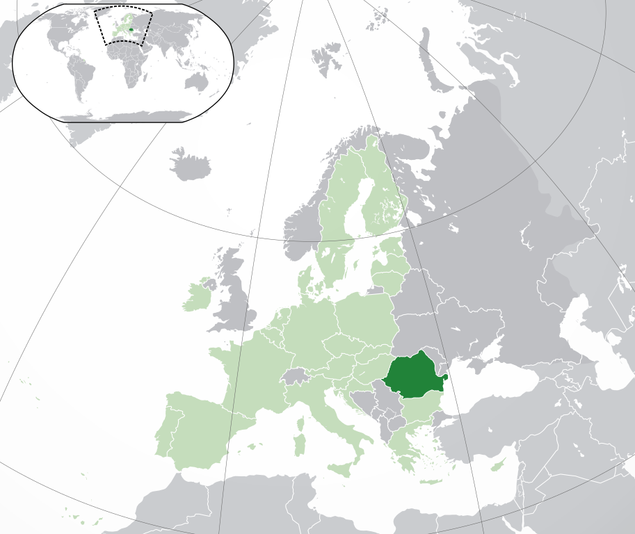 Romania, shown in dark green here, is a country which borders borders Bulgaria to the south, Ukraine to the north, Hungary to the west, Serbia to the southwest, Moldova to the east, and the Black Sea to the southeast. It is shaped like a fish, with its tail touching the Black Sea. Creative Commons BY-SA map of Romania by NuclearVacuum via Wikimedia Commons w.wiki/6t8B adapted using the Wikipedia App 🇷🇴