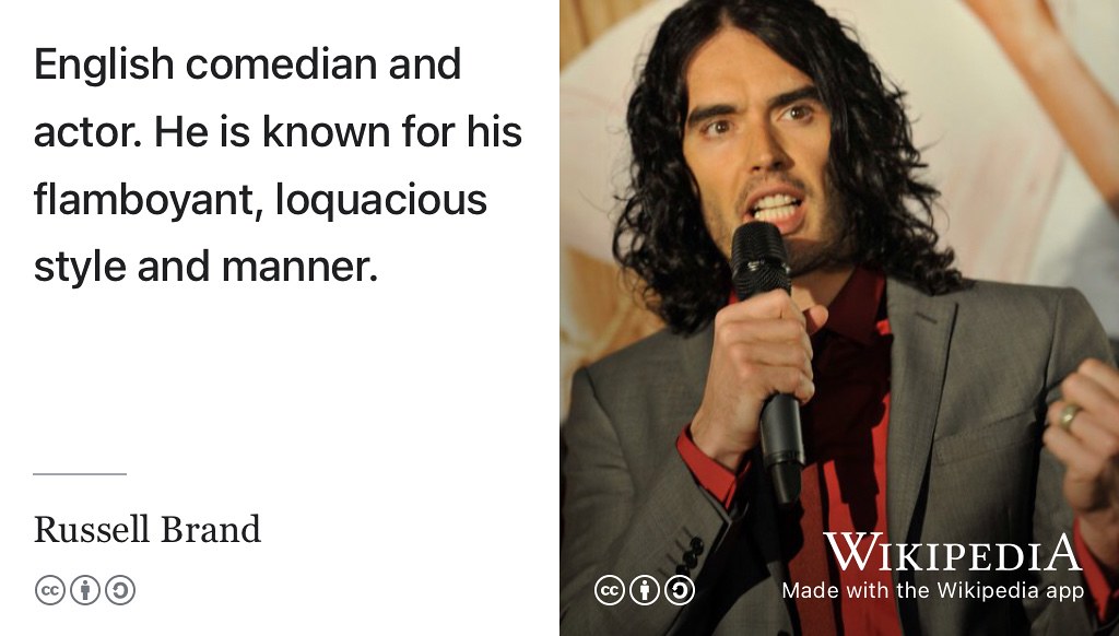 Russell Brand is a comedian and actor, known for his flamboyant, loquacious style and manner. He hosts the podcast Under the Skin (Brand 2022) and has been diagnosed with attention deficit hyperactivity disorder (ADHD) and bipolar disorder. Creative Commons BY-SA portrait of Russell Brand by Eva Rinaldi on Wikimedia Commons w.wiki/6t9E adapted using the Wikipedia app