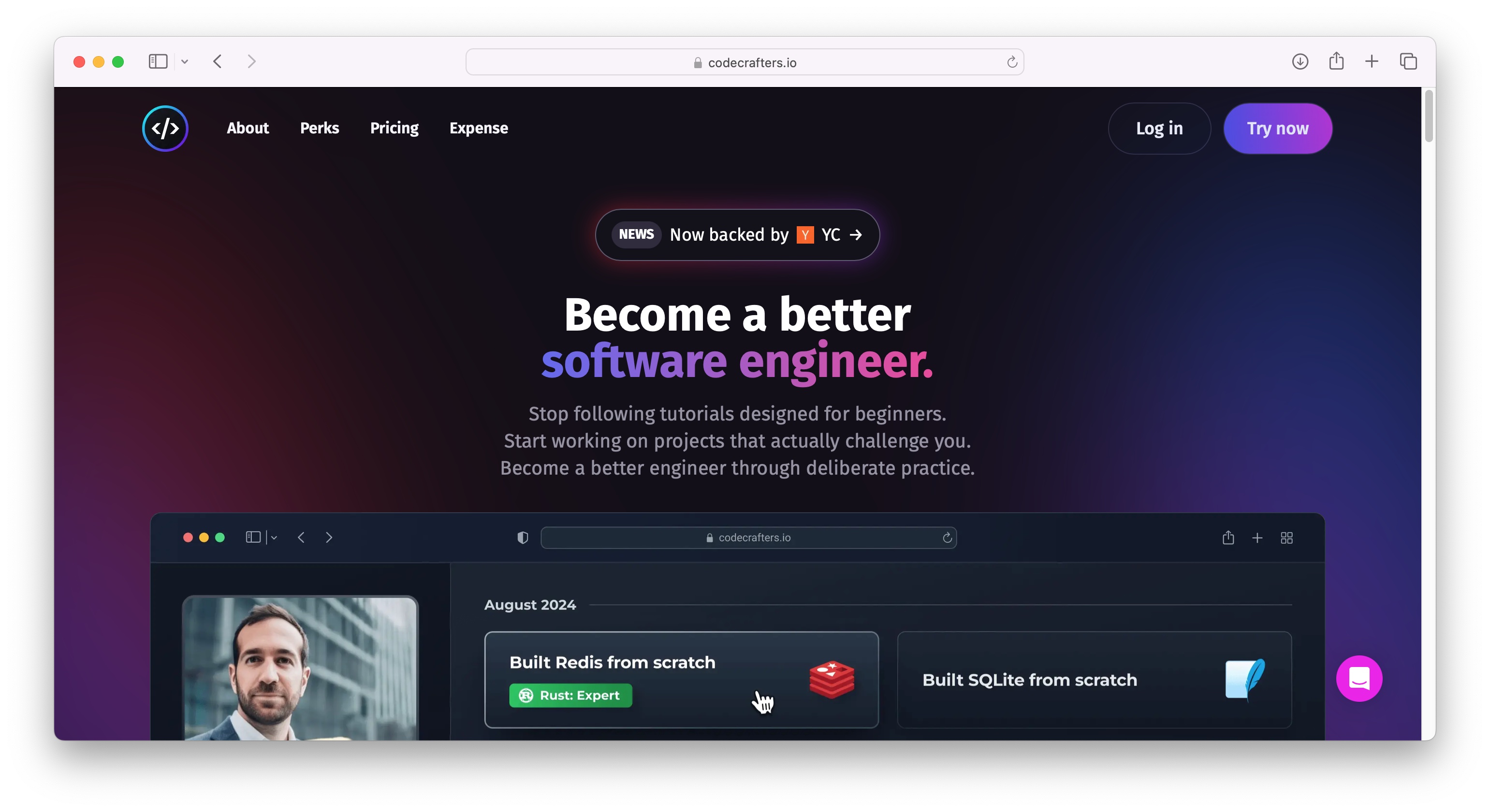 Become a better software engineer with CodeCrafters. Stop following tutorials designed for beginners. Start working on PROJECTS that actually challenge you. Become a better engineer through deliberate structured practice, screenshot from codecrafters.io