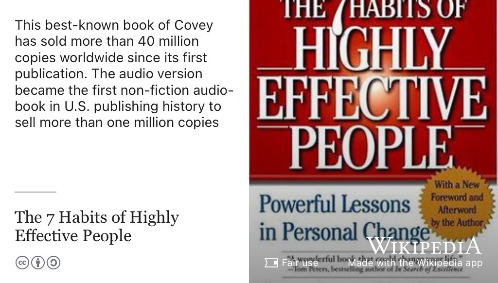 The 7 habits of highly effective people is the best-known book of Richard R. Covey, and has sold more than 40 million copies worldwide since 1989. (Covey 1989) Fair use image from Wikimedia Commons w.wiki/74Hz adapted using the Wikipedia app