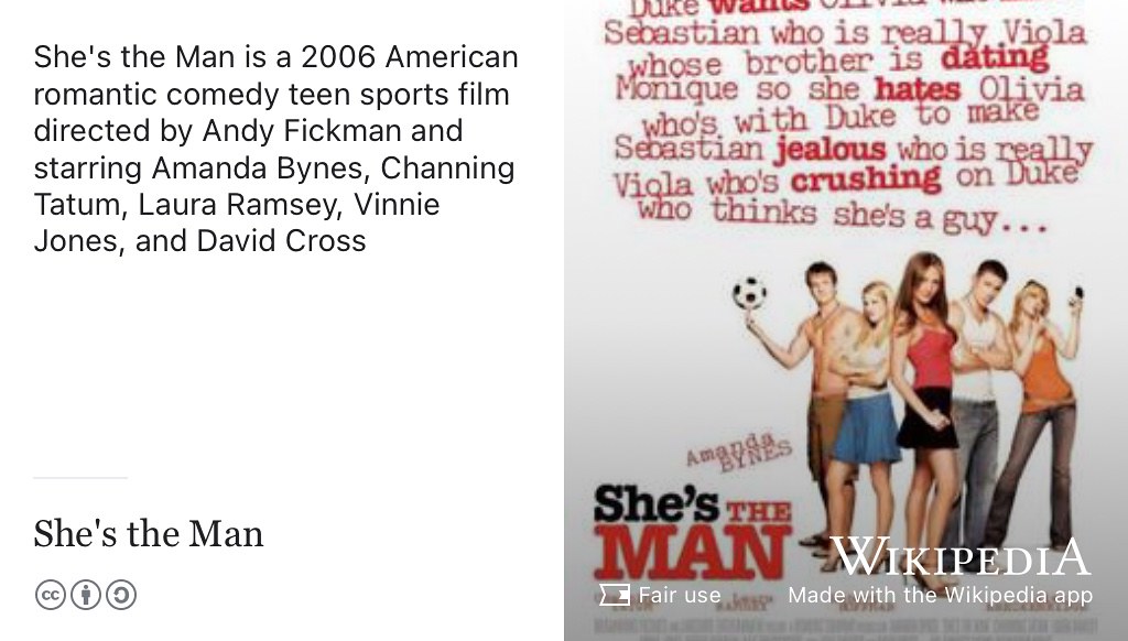 She’s the Man is a 2006 American romantic comedy teen sports film directed by Andy Fickman and starring Amanda Bynes, Channing Tatum, Laura Ramsey, Vinnie Jones, and David Cross. (Fickman 2006) Fair use image from Wikimedia Commons adapted using the Wikipedia App