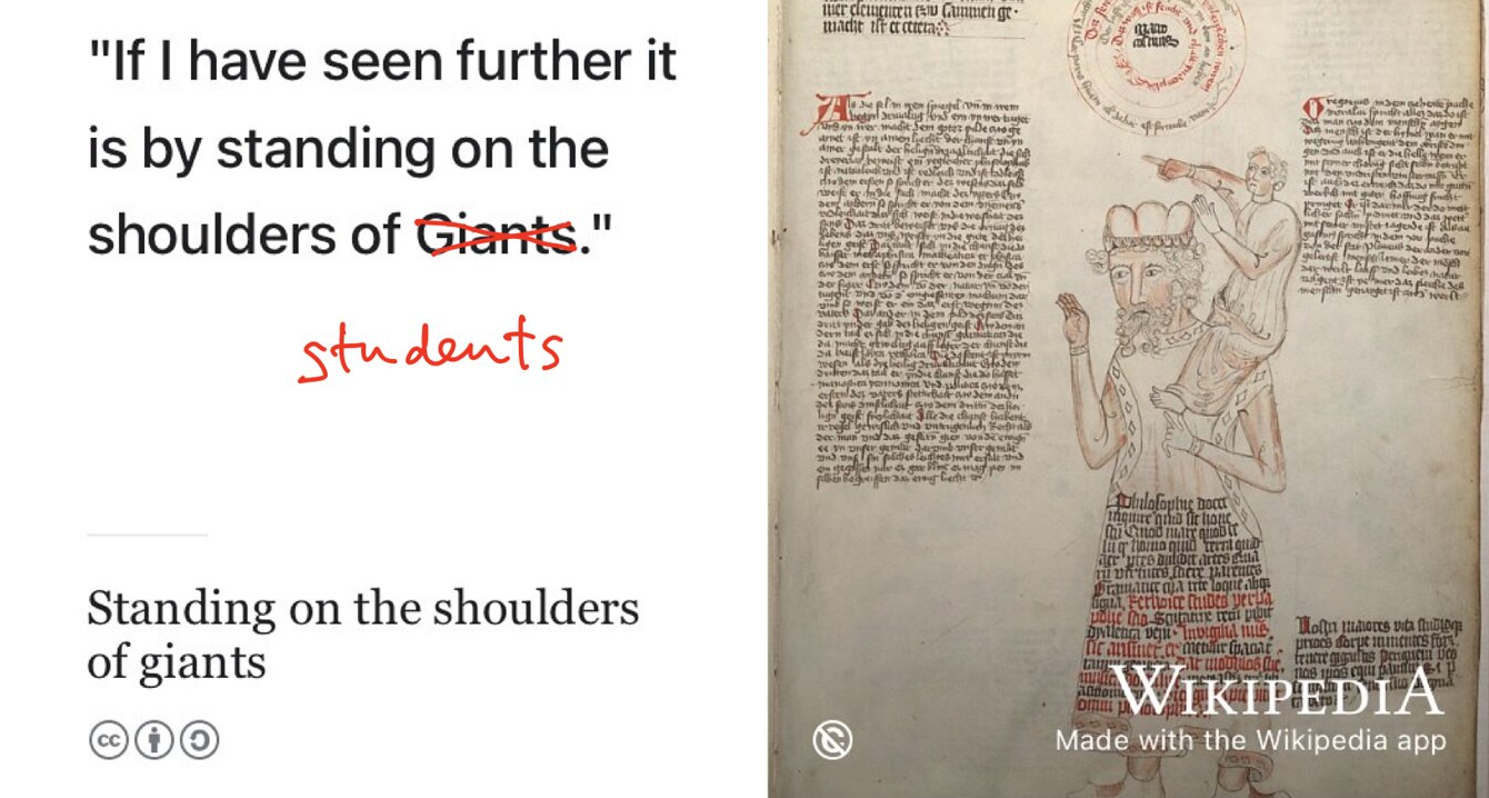 If I have seen further it is by standing on the shoulders of giants students. (Newton 1675) Public domain image of Orion carrying his servant Cedalion on his shoulders via Wikimedia Commons w.wiki/_zZ2E adapted using the Wikipedia app