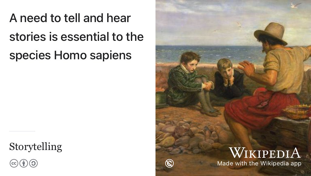 Storytelling is an ancient art and who doesn’t love a good story? As a species Homo sapiens, we need to tell and hear stories to understand the world around us. What’s your story, coding glory? Public domain image of a painting by John Everett Millais, with a seafarer telling the story of what happened out at sea, via Wikimedia Commons w.wiki/3VHM
