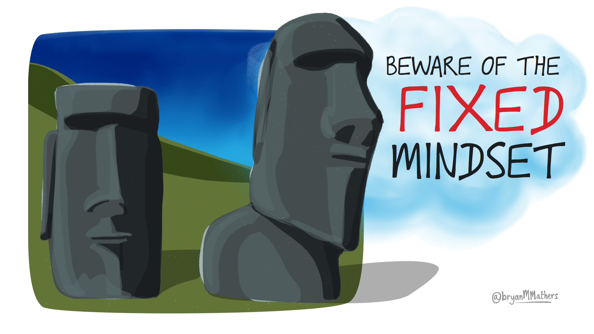 A fixed mindset is monolithic like the Easter island statues (moʻai). If you’re not already, you should be wary of a fixed mindset. Fixed mindsets by Visual Thinkery is licensed under CC-BY-ND