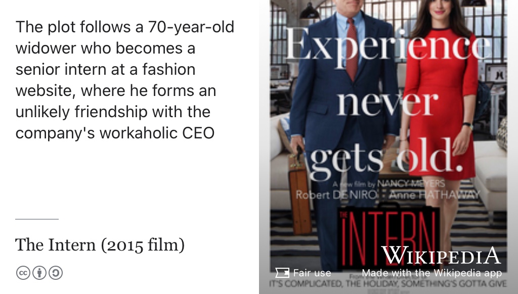 The Intern follows a 70-year-old widower (played by De Niro, left) who becomes a senior intern at a fashion website, where he forms an unlikely friendship with the company’s workaholic CEO, played by Anne Hathaway (right) (Meyers 2015) Decapitation of Hollywood filmstars by the autocrop feature of the Wikipedia App. ✂️