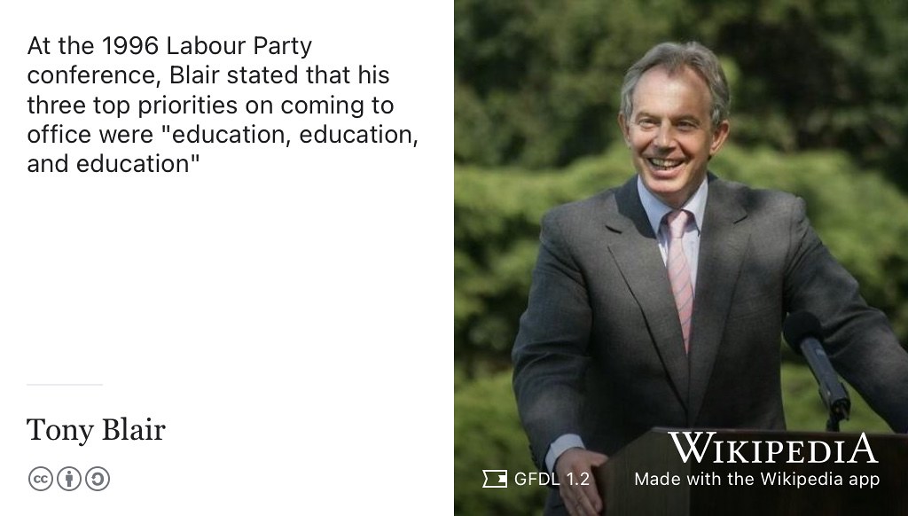 Tony Blair’s top three priorities as a new Prime Minister of the United Kingdom were education, education and education. (T. Blair 2001; Coughlan 2007) Likewise, at this stage of your career, your education should be a top priority on your CV. Education should go first, unless you’ve got a significant amount of experience. As a graduate (or undergraduate) your education is the most recent, relevant and important thing about you so it should have top billing, see the discussion in figure 8.6. This GNU Free Documentation Licensed (GFDL) portrait of Tony Blair in 2007 by the Polish Presidency on Wikimedia Commons w.wiki/64Kd has been adapted using the Wikipedia app