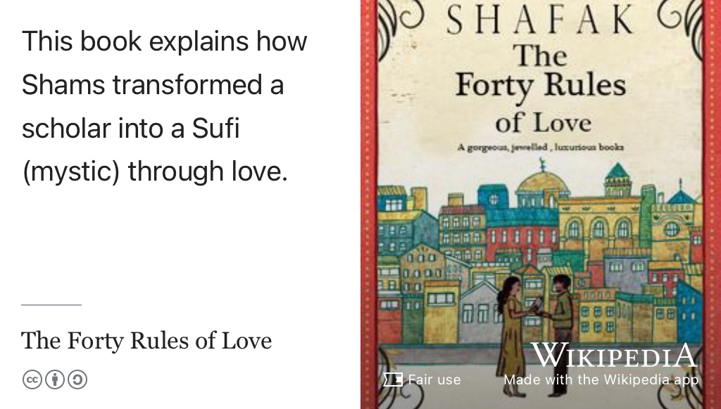 The Forty Rules of Love is a novel by Elif Shafak which describes the transformation of a scholar into a sufi (mystic) through love. (Shafak 2009)