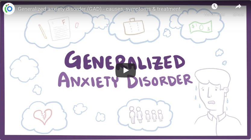 Generalised anxiety disorder is a condition characterised by excessive, persistent and unreasonable amounts of anxiety and worry about everyday things. Note that the video takes an American perspective using American terminology such as DSM–5. The image in this figure is a screenshot, you can watch the full video at youtu.be/9mPwQTiMSj8 (Desai 2016)