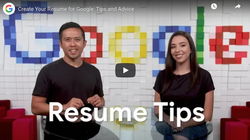 Recruiters at Google, Jeremy Ong and Lizi Lopez outline some tips and advice for creating your résumé. (Ong and Lopez 2019) The image in this figure is a screenshot, you can watch the eight minute résumé tips video at youtu.be/BYUy1yvjHxE.