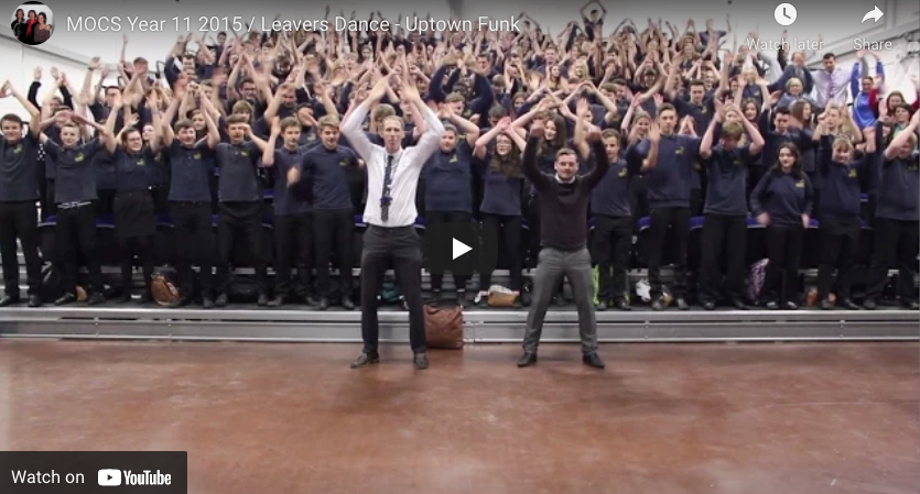 Year 11 leavers of Melksham Oak Community School (MOCS) in Wiltshire dance to Uptown Funk with help from Mark Ronson, Bruno Mars and Aidan Blowers. The image above is a screenshot. Don’t believe me, just watch, come on! youtu.be/z8qH05teRMM (Ronson and Mars 2014)