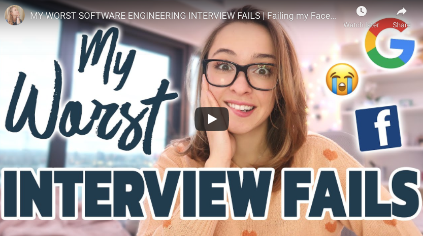 Petia describes her worst software engineering interview failures. (Davidova 2021) Petia demonstrates a growth mindset (section 3.7) and productive failure(s). Although she failed her interviews, she learned lots from the process and went on to get a job she wanted. The image above is a screenshot, you can watch the full 16 minute video at youtu.be/qkeQNNjZuQk