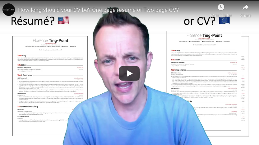 How long should your CV be? Should you write a two page European style CV or an American style résumé (one pager)? (Hull 2021b) The image in the figure is a screenshot, you can watch the five minute video on how long your CV should at youtu.be/0abDOKHS5T0.